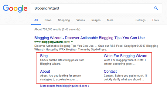 Blogging Wizard Sitelinks